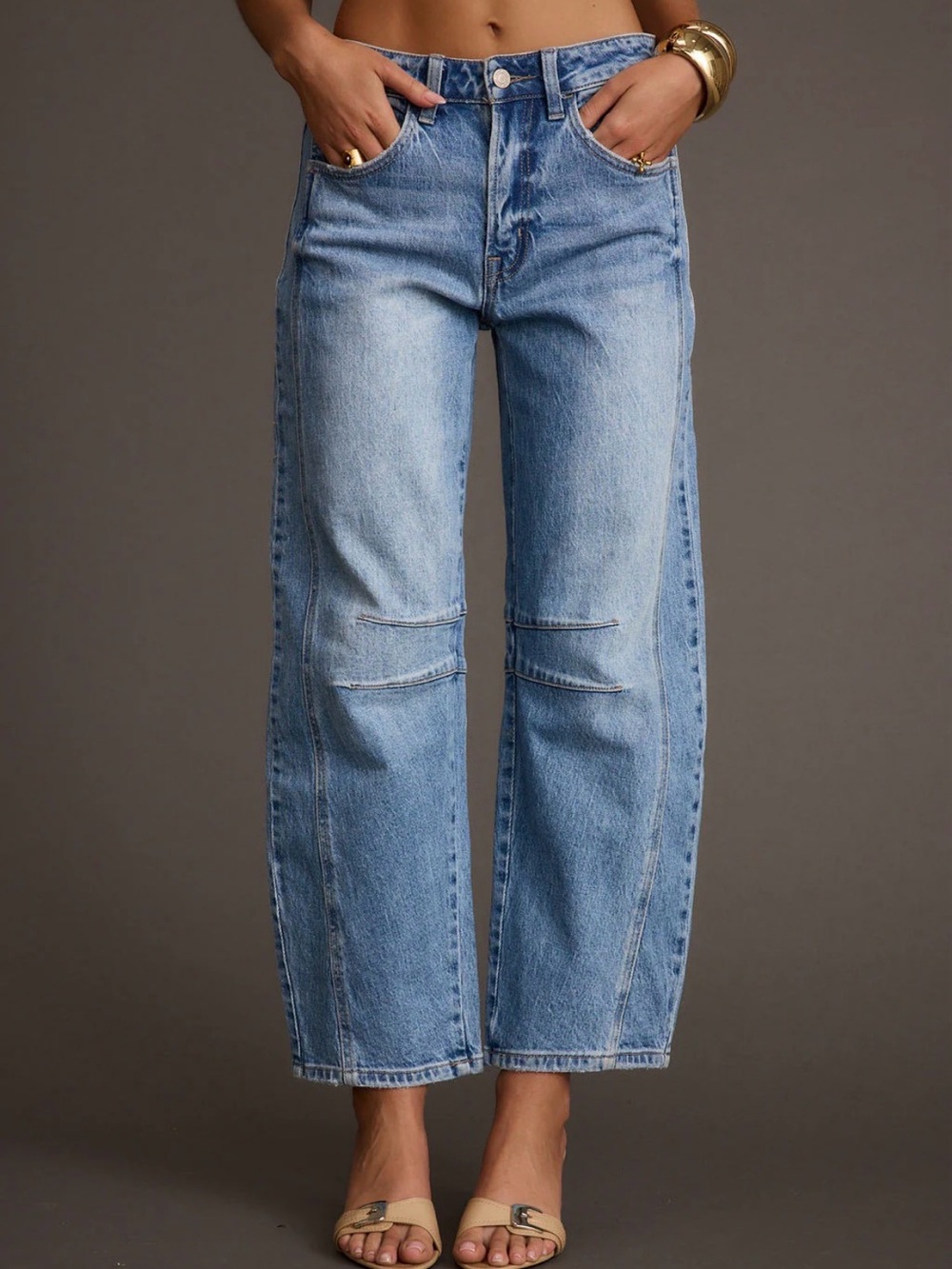 Flamingals light wash factory fade denim barrel bow leg jeans EUC size L